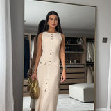 Knit Maxi Dress with Pockets Button-Front