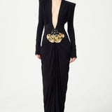 Deep V Neck Long Sleeves Black Maxi Dress  Party Gown