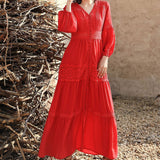 Women Cotton Patchwork Lace Dresses V-Neck Lantern Sleeve Maxi Dress