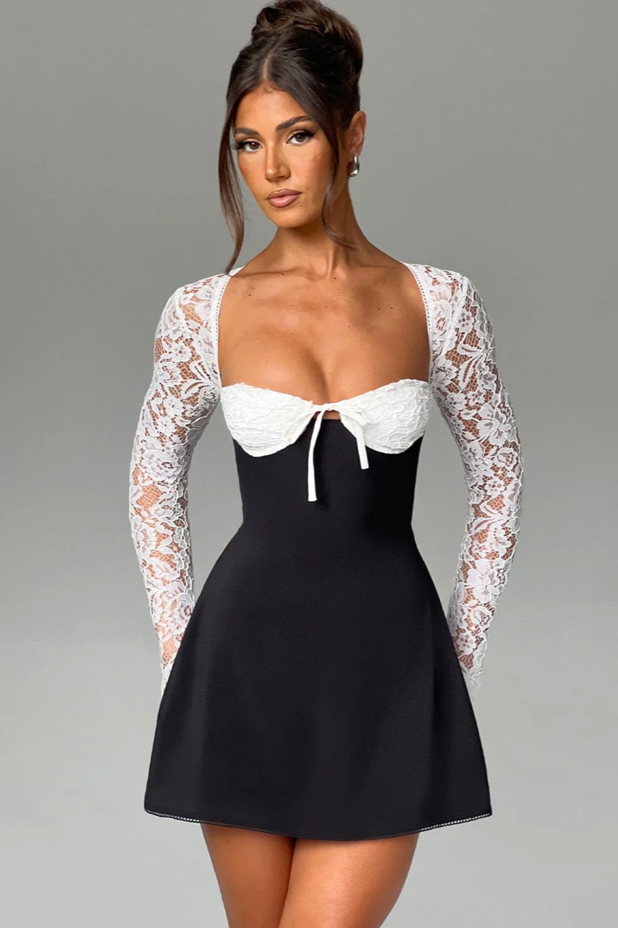 Anina - Tie-Up Lace Sleeves Mini Dress