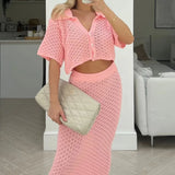 Knit Hollow Out Top and Long Skirt Suit