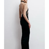 Halter Neck Lace Patchwork Black Maxi Dress