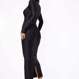 Long Sleeved Pleated Hollowed Out Maxi Dress