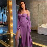 Solid Satin Asymmetric Slit Long Sleeve Dress