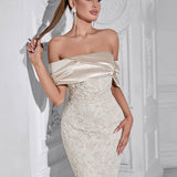 Slash Neck Embossed Flower Beige Dress