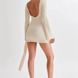 Floral Draped Open Back Knit Long Sleeve Mini Dress