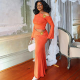 3D Floral-applique Long Sleeve Skirt Suit