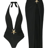 Starfish One Piece Bathing Suits with High Split Skirt
