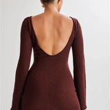 Floral Draped Open Back Knit Long Sleeve Mini Dress