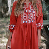 Cotton Linen Embroidery A Neck Ruffle Sleeve Boho Dress