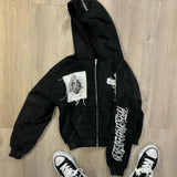 Embroidered Cross Zip Up Hoodie