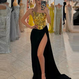 Strapless Gold Top & High-Slit Skirt Set