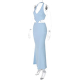 Halter Backless Blue Lace-up Maxi Dress