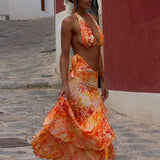 Tie-Dye Print Halter Bra and Ruffles Long Skirts