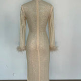 Feathers Rhinestone Folds Midi Dress