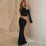 3D Floral-applique Long Sleeve Skirt Suit