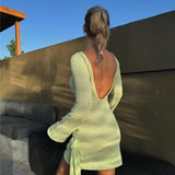 Floral Draped Open Back Knit Long Sleeve Mini Dress