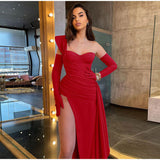 Solid Satin Asymmetric Slit Long Sleeve Dress