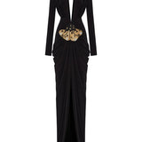 Deep V Neck Long Sleeves Black Maxi Dress  Party Gown