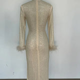 Long Sleeve Feathers Rhinestone Midi Dress