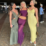 Purple Mesh Two-Piece Set with Sheer Halter Top and Long Skirt
