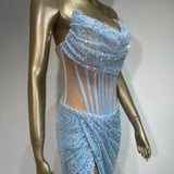 Strapless Mesh Sequins Ruffles Maxi Dress