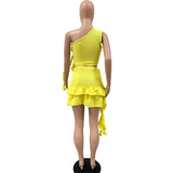 Ruffles Ribbons One Shoulder Top Mini Skirts Suits
