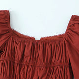 Bow Square Collar Puff Long Sleeve Elastic Waist Mini Dress