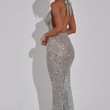 Halter Neck Backless Glitter Long Dress