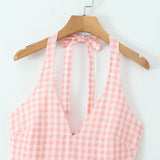 Pink White Plaid Bow Halter V Collar Midi Dress