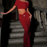 Solid Slash Neck Ankle-Length Skirt Suit