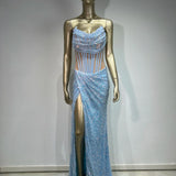 Strapless Mesh Sequins Ruffles Maxi Dress