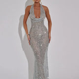 Halter Neck Backless Glitter Long Dress