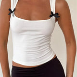 Black Bow Patchwork Sleeveless Mini Vest Summer Fashion Slim Fit White Camis Cropped Streetwear  Crop Tops