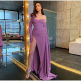 Solid Satin Asymmetric Slit Long Sleeve Dress