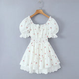 Print Puff Sleeve Ruffles Lace-up  Mini Dress