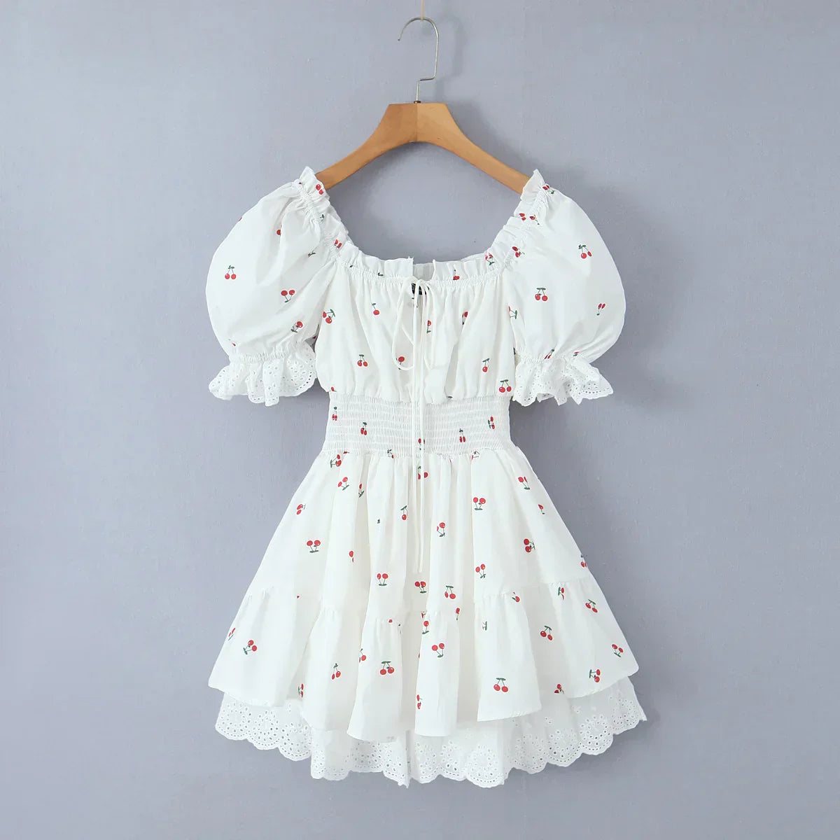 Print Puff Sleeve Ruffles Lace-up  Mini Dress