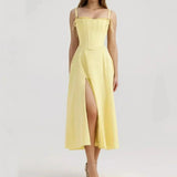Yellow Slit Midi Dress and Cross Lacing up Top Set