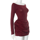 Pleated Off-Shoulder Long Sleeve Mini Dress