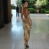 Halter Leopard Embellished Long Dress