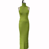 High Neck Knitting Top and Solid Long Skirt Suit