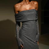 Off Shoulder Long Sparkle Glitter Nightclub Sexy Autumn Winter Maxi Dress