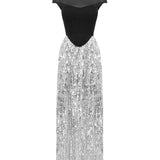 Black Fishbone Top Sequin Mesh Long Skirt Set