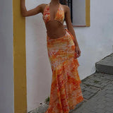 Tie-Dye Print Halter Bra and Ruffles Long Skirts