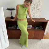 High Neck Knitting Top and Solid Long Skirt Suit