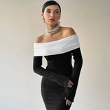 Black & White Off-the-Shoulder Maxi Dress with Long Sleeves