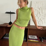High Neck Knitting Top and Solid Long Skirt Suit