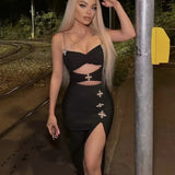 Black Metal Cross Brooch Design Strap Bandage Slit Midi Dress