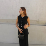Knitted Solid Slit Vest and Long Skirt Suit