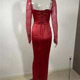 Square Collar Lace-Up Backless Long Sleeve Maxi Dress